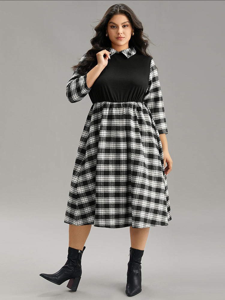 Plaid Patchwork Elastic Waist Lapel Collar Dress