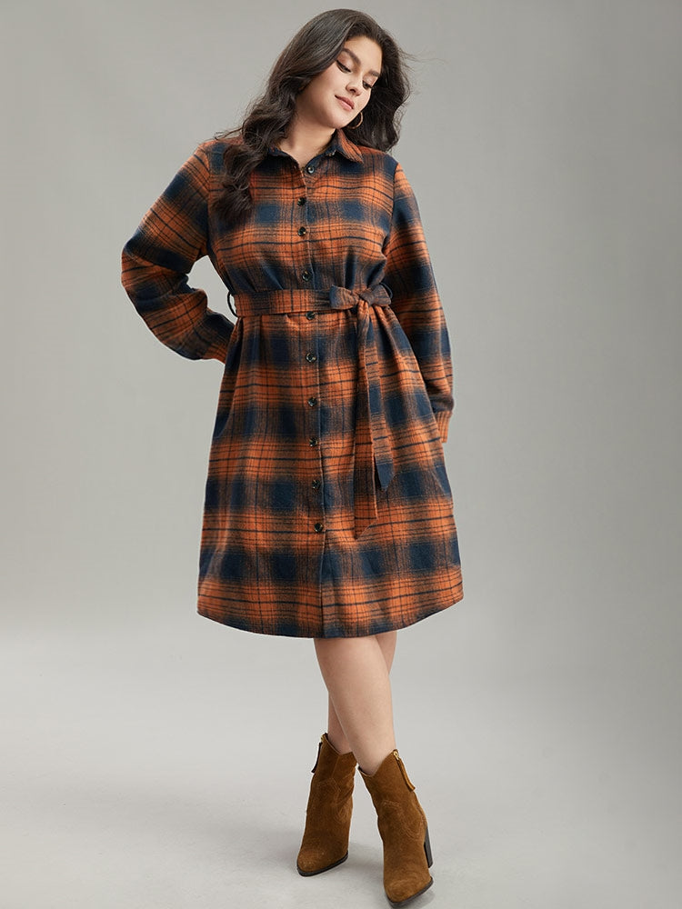 Plaid Shirt Collar Belted Button Through Dress