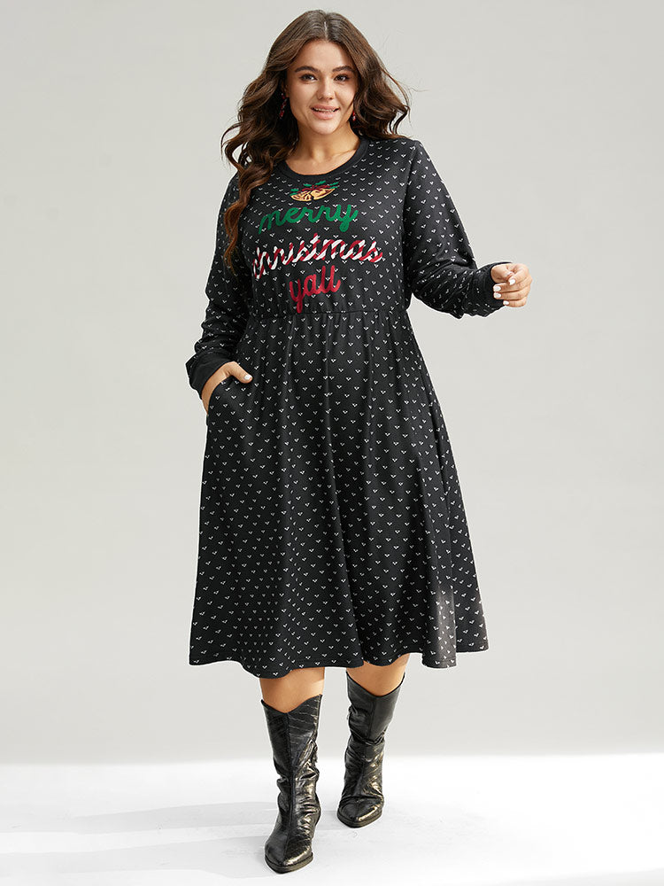 Christmas Letter Print Pocket Elastic Waist Dress