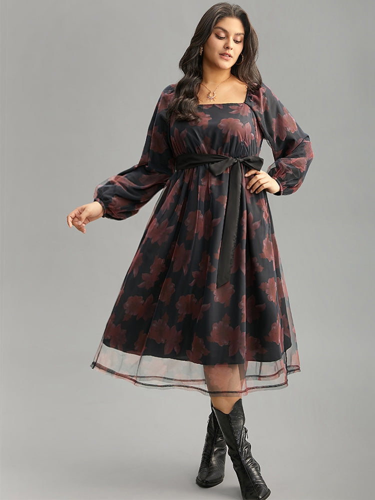 Floral Mesh Belted Gathered Lantern Sleeve Dress