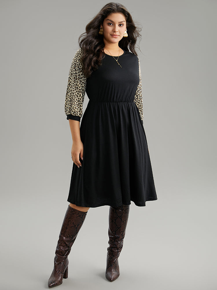 Leopard Patchwork Pocket Elastic Waist Dress