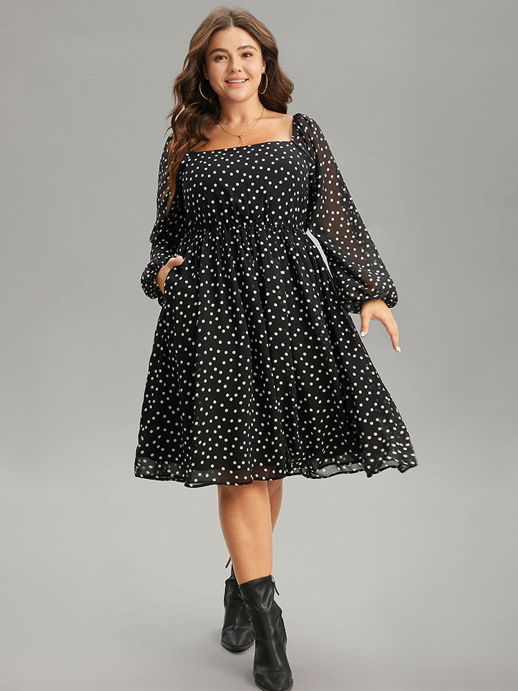 Polka Dot Square Neck Gathered Lantern Sleeve Dress