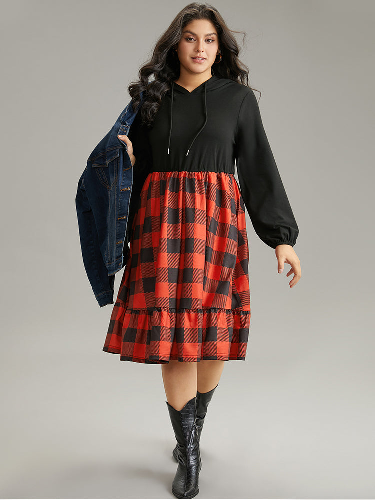 Plaid Patchwork Ruffle Hem Hooded Lantern Sleeve Dress