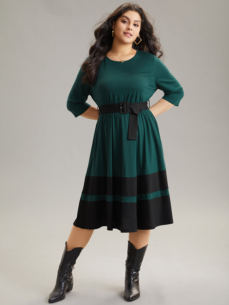 Contrast Belted Buckle Detail Elastic Waist Dress