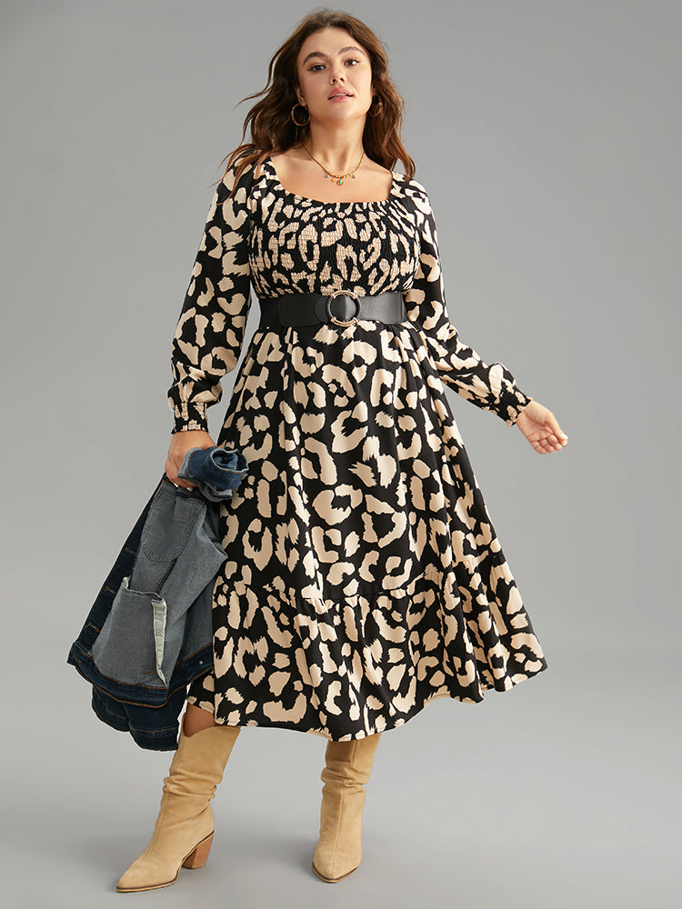 Leopard Shirred Square Neck Lantern Sleeve Dress