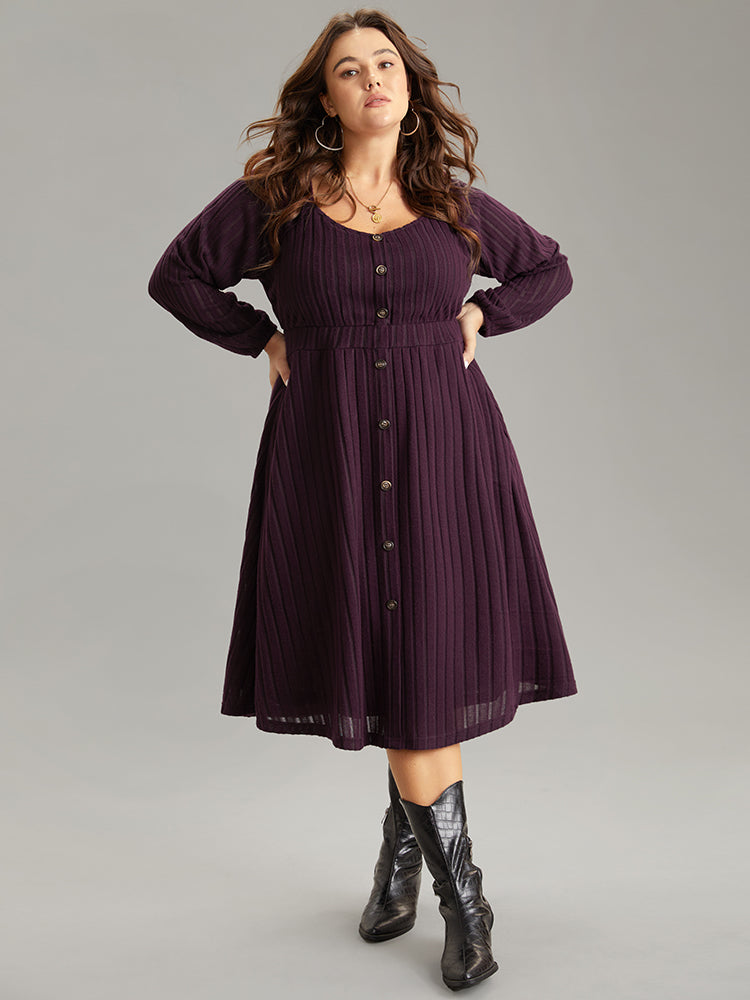 Solid Rib Knit Gathered Scoop Neck Dress