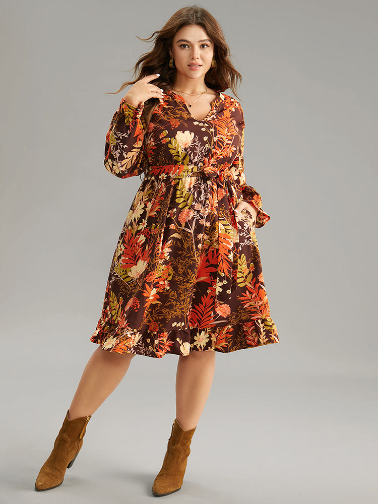 Floral Belted Notched Lantern Sleeve Ruffles Dress