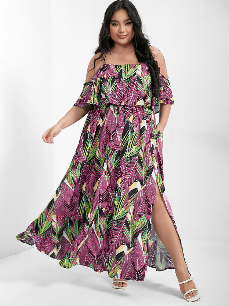 Tropical Ruffles Cold Shoulder Pocket Split Maxi Dress