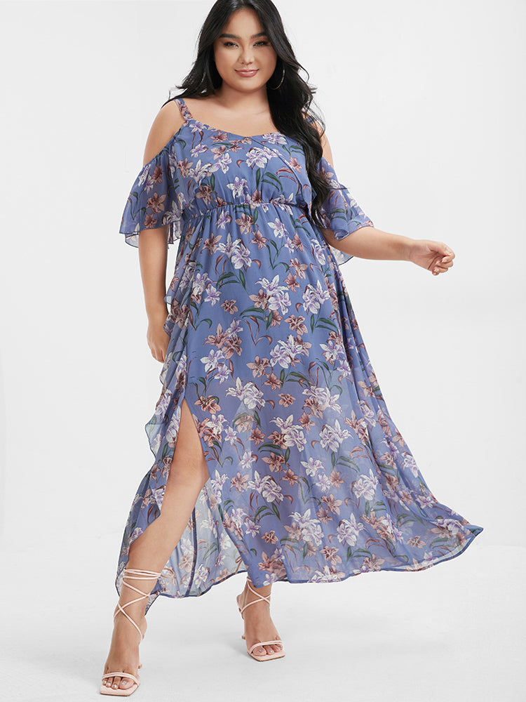 Floral Ruffled Split Cold Shoulder Maxi Dress