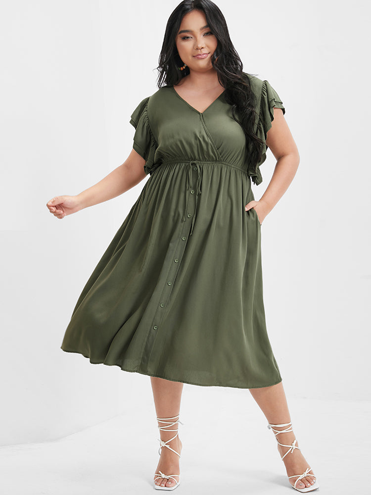 Solid Ruffles Button Ties Pocket Midi Dress