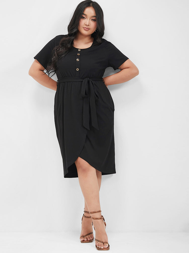 Solid Round Neck Pocket Button Belted Knee Dress