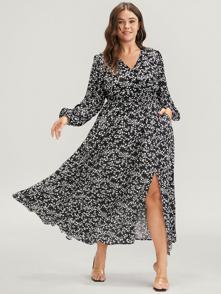 Ditsy Floral Lantern Sleeve Pocket Split Maxi Dress