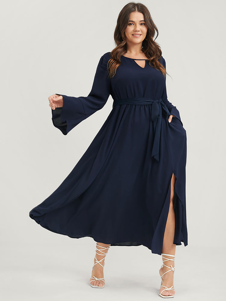 Solid Pocket Flutter Bell Sleeve Keyhole Split Belted Maxi Dress