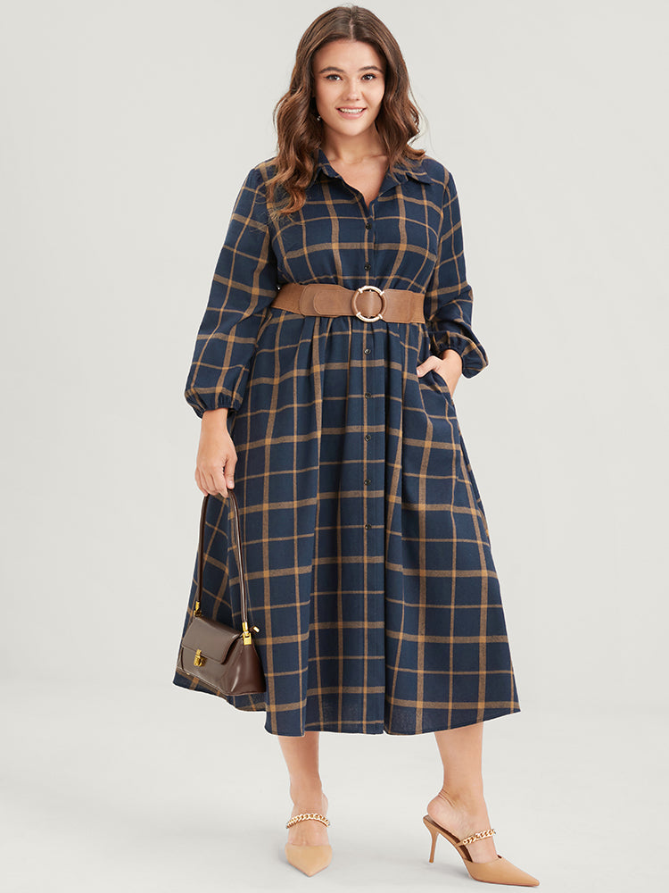 Plaid Button Up Pocket Shirt Collar Flutter Hem Dress Without Belt