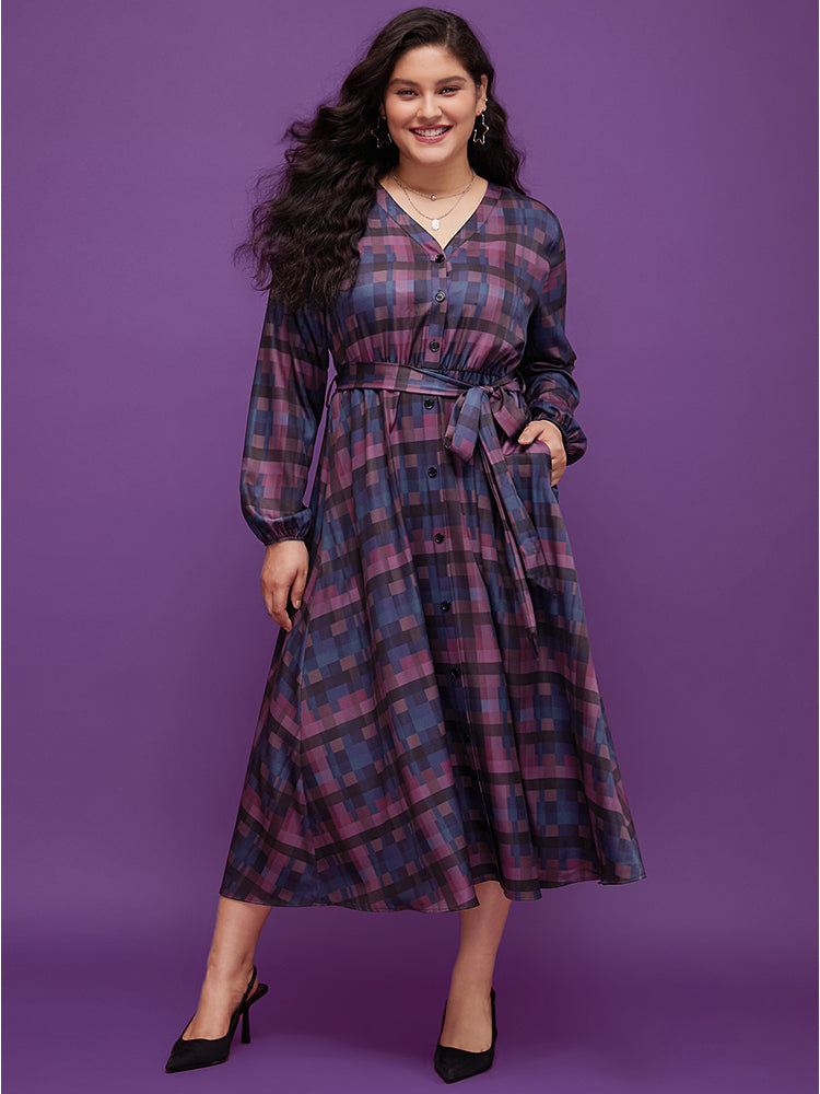 Plaid Contrast Button Up Pocket Lantern Sleeve Belted Dress