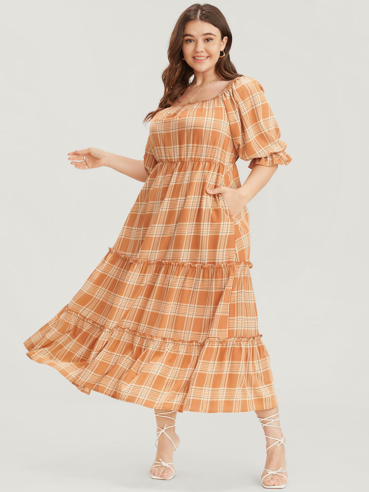 Plaid Square Neck Lantern Sleeve Pocket Flutter Dress