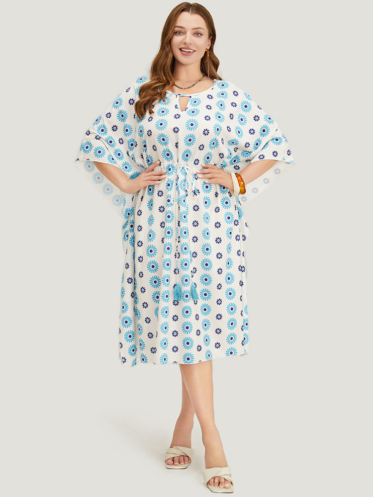 Floral Batwing Sleeve Keyhole Knotted Neck Split  Dress