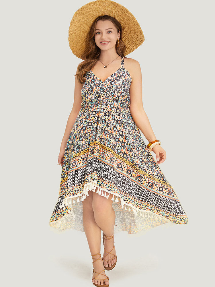 Bandana Pocket High Low Hem Wrap Tassels Trim Cami Dress