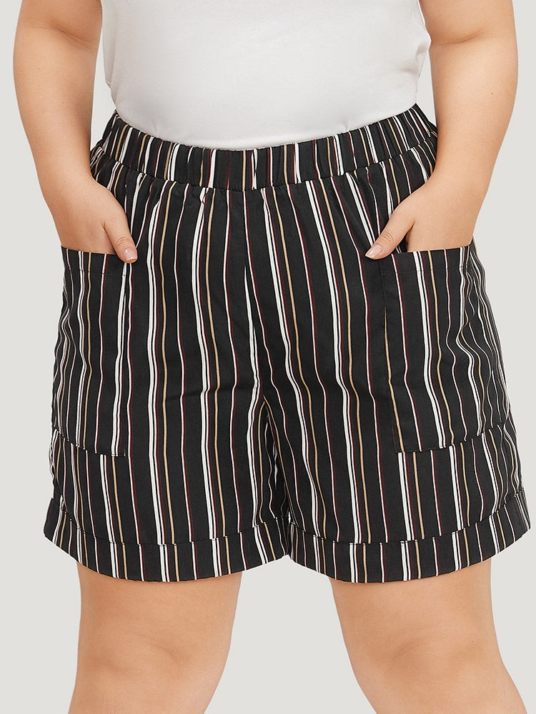 Striped Print Pocket Roll Hem Shorts