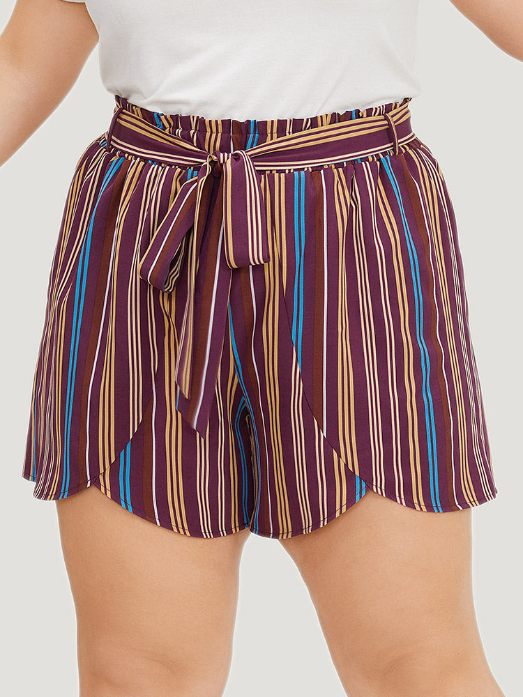 Colour Striped Print Belted Wrap Hem Shorts