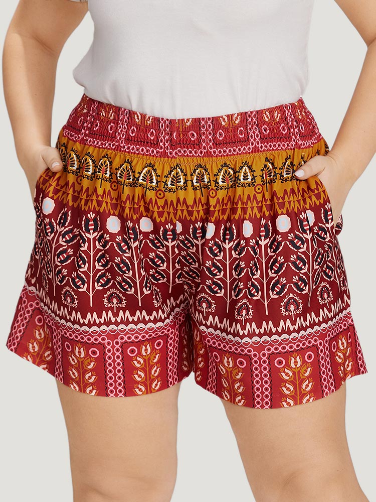 Boho Print Pocket Elastic Waist Shorts