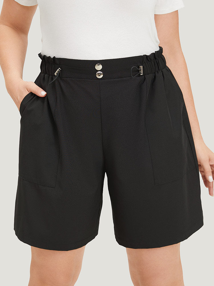 Plain Button Detail Drawstring Slant Pocket Shorts