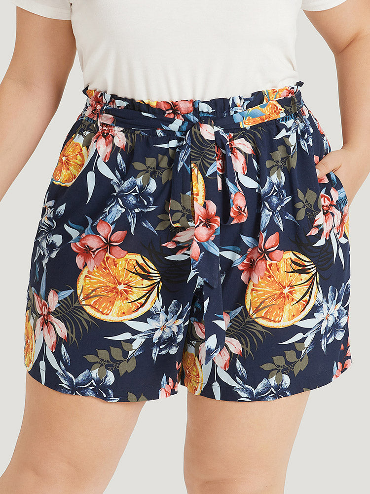 Floral Print Arc Hem Belted Paperbag Waist Shorts