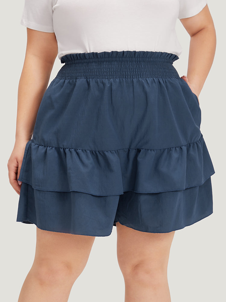 Solid Paperbag Waist Shirred Layered Hem Shorts