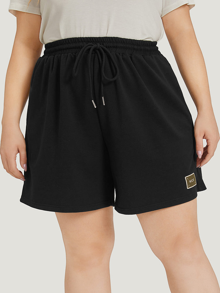 Plain Drawstring Patched Detail Pocket Shorts