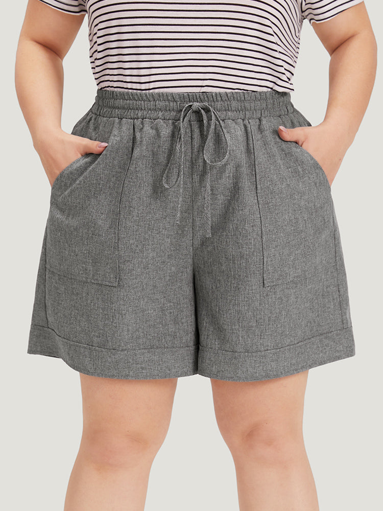 Plain Slant Pocker Drawstring Elastic Waist Shorts