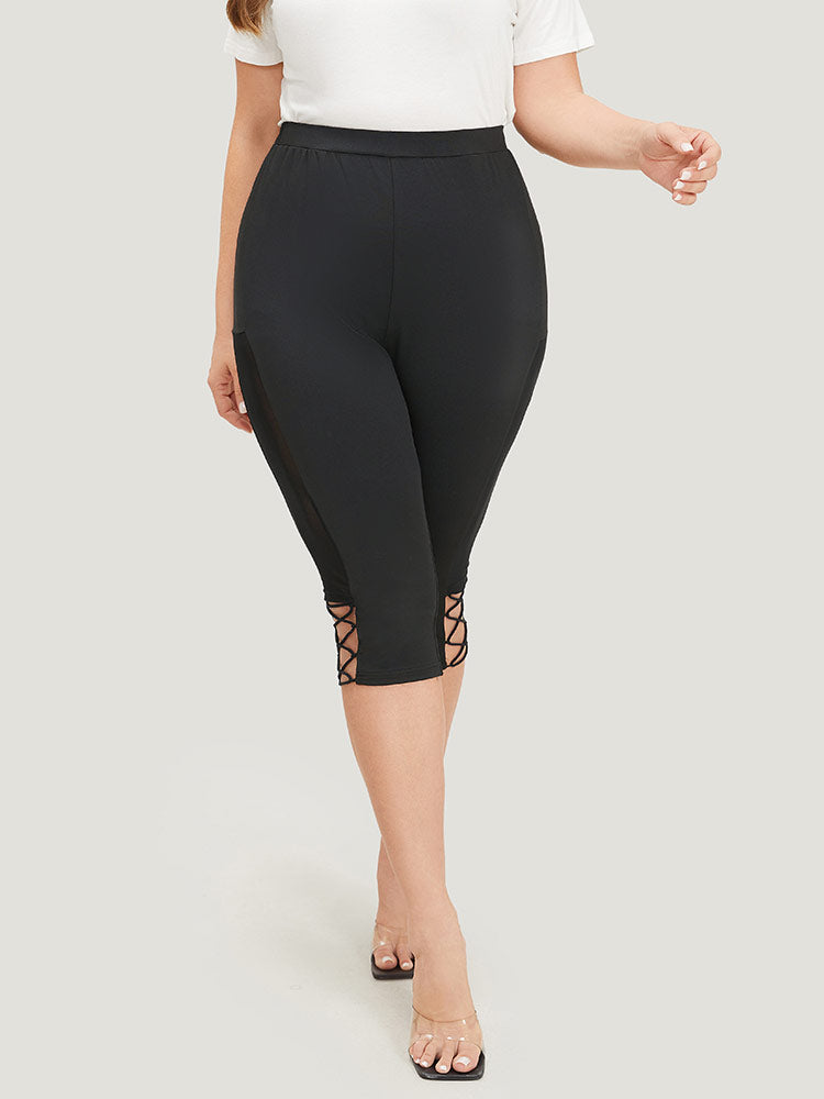 Plain Crisscross Mesh Patchwork Cropped Leggings