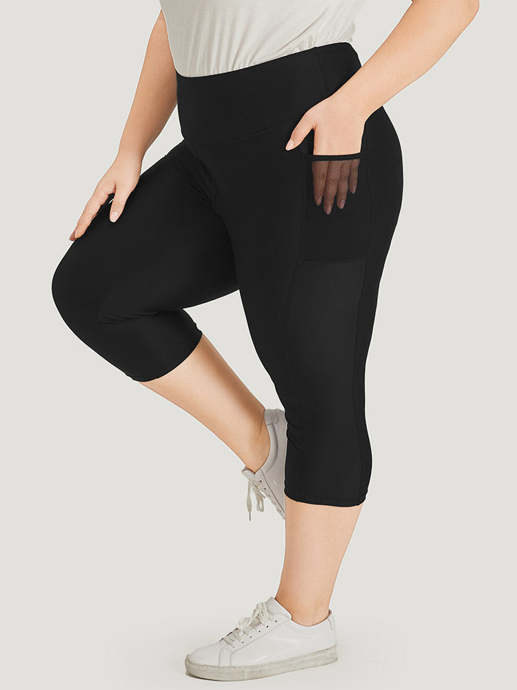 Plain Patchwork Pocket Wideband Waist Leggings