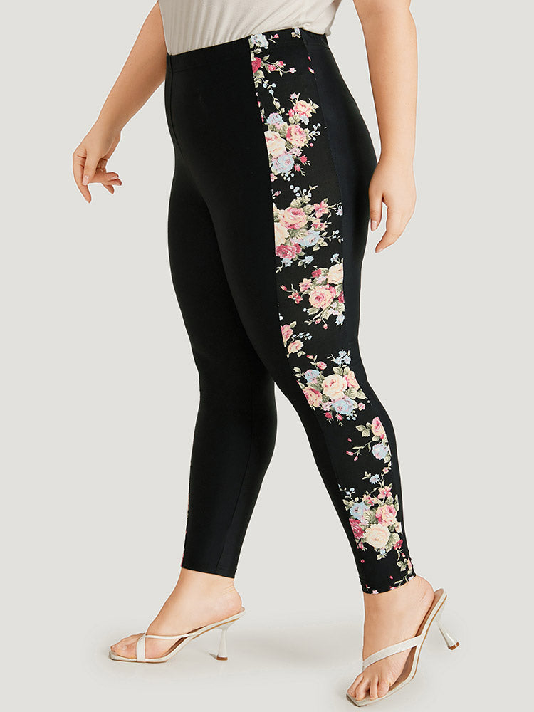 Floral Print Elastic Waist High Rise Patchwork Leggings