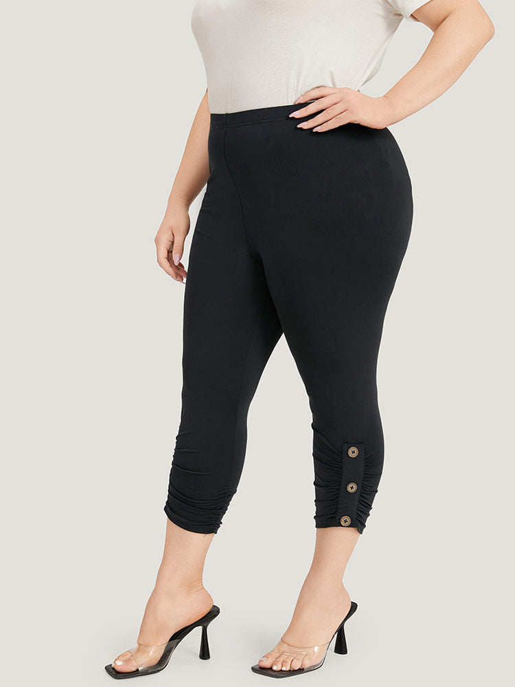 Plain Skinny Button Detail Gathered Leggings