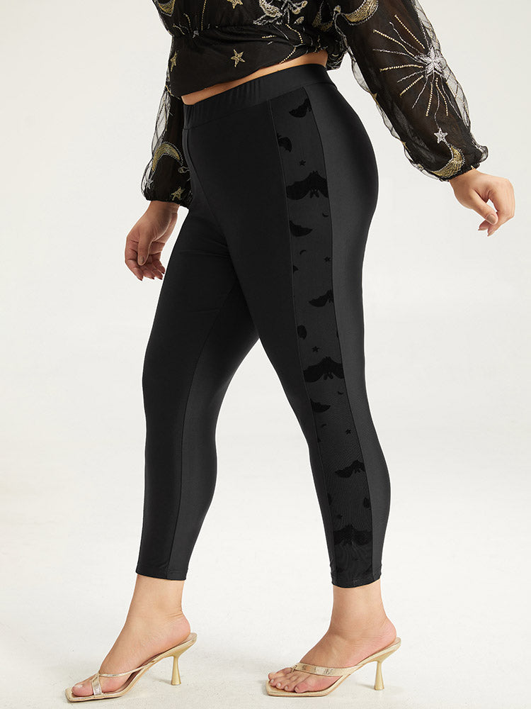 Halloween Plain Texture Patchwork Elastic Waist Skinny Leggings