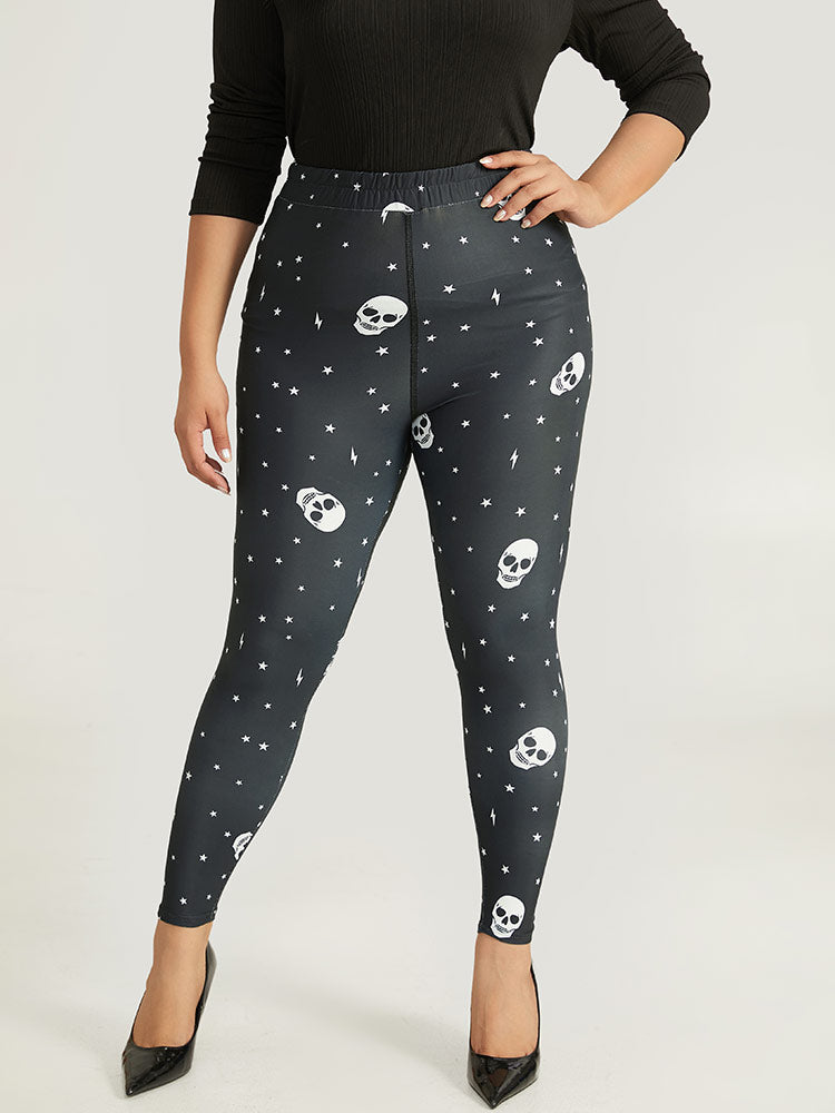 Halloween Skull & Star Print Elastic Waist Leggings