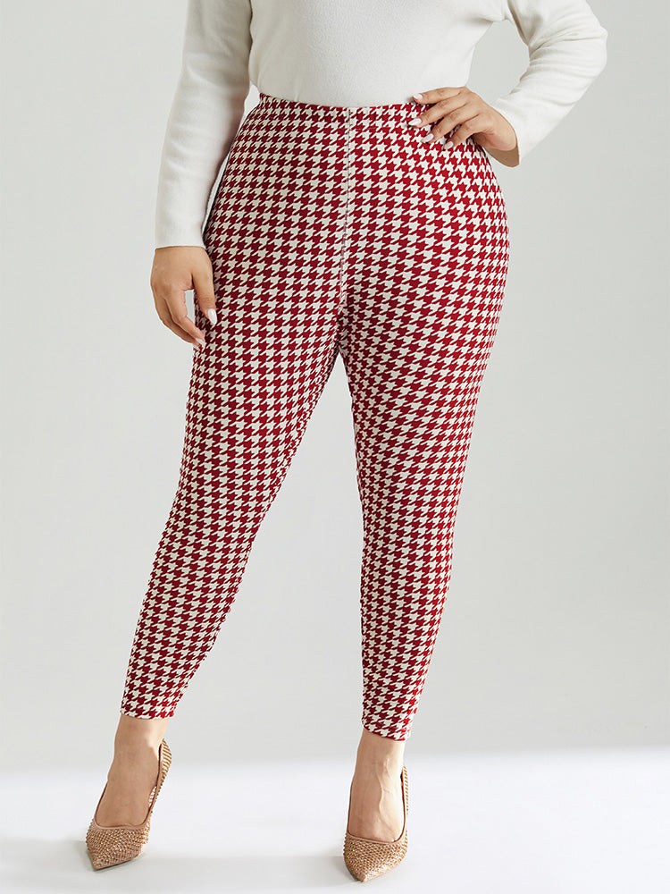 Christmas Houndstooth Elastic Waist High Rise Leggings