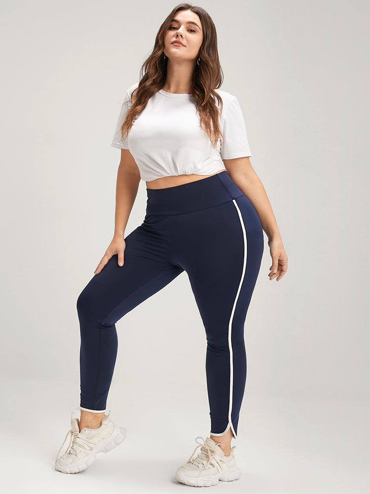 Solid Wide Waistband Contrast Trim Skinny Leggings