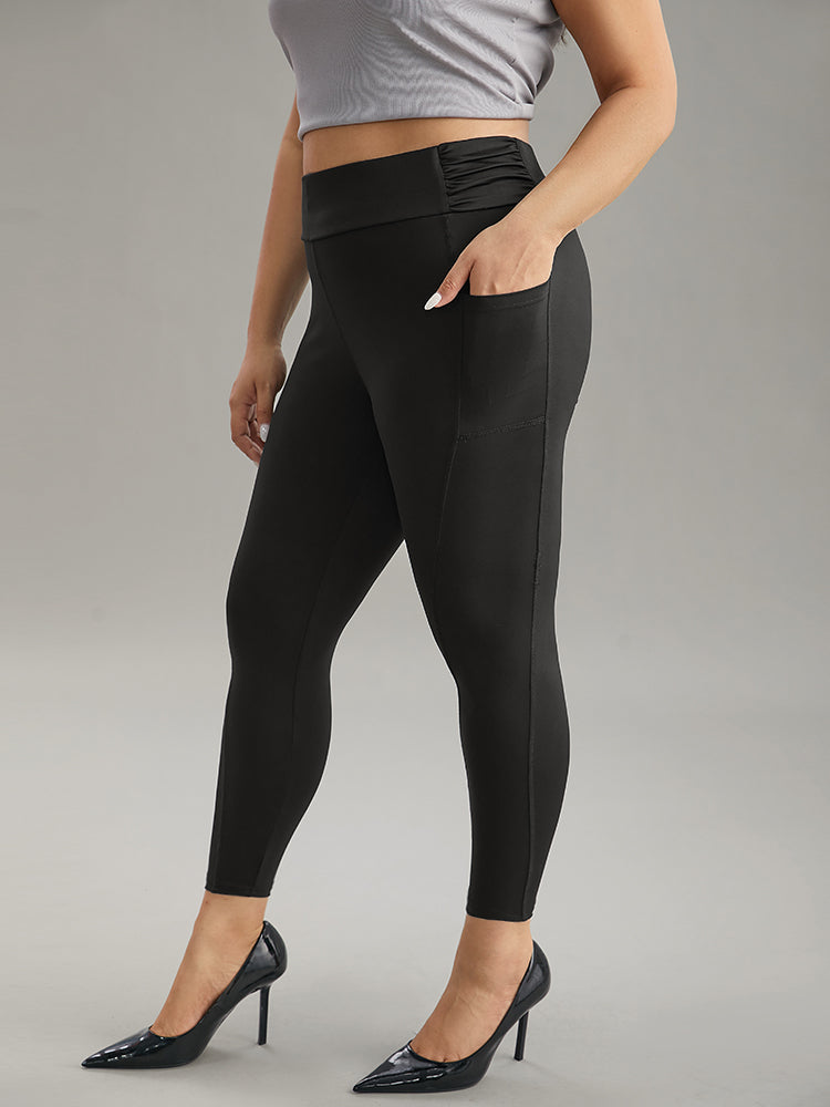 Plain Ruched Side Pocket Wideband Waist Leggings