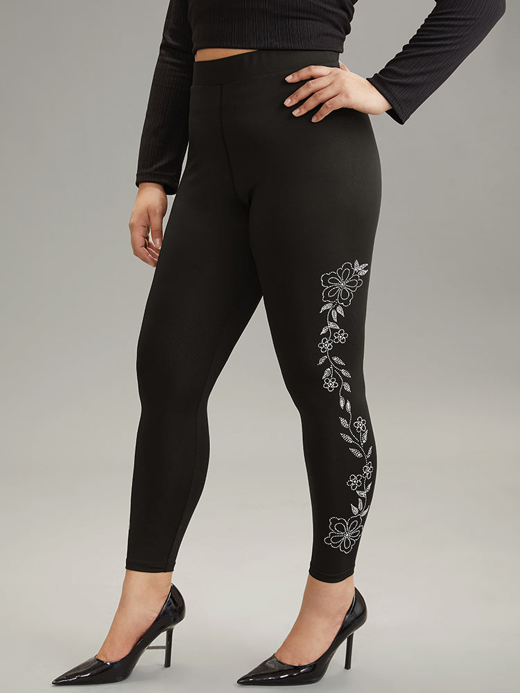 Floral Rhinestone Patchwork High Rise Leggings