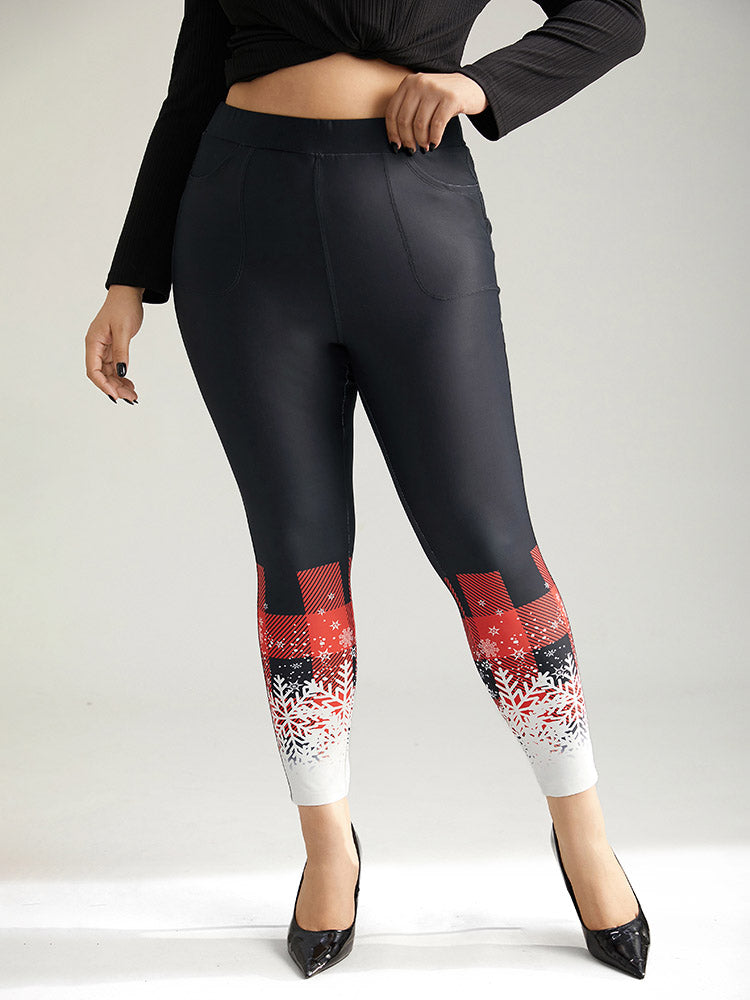 Christmas Snowflake Plaid Pocket Skinny Leggings