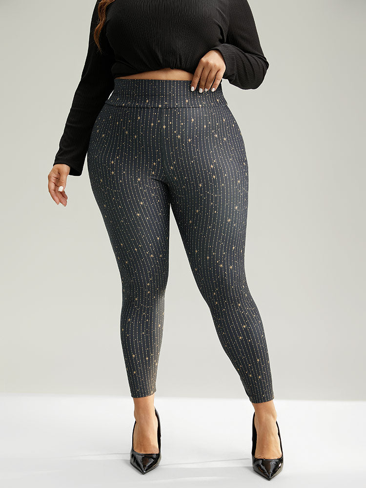 Striped & Star Print Elastic Waist Leggings