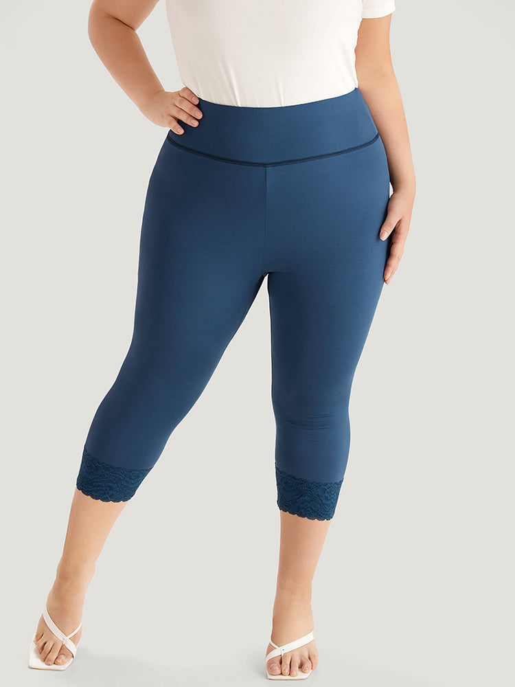 Plain Guipure Lace Wideband Waist Skinny Leggings