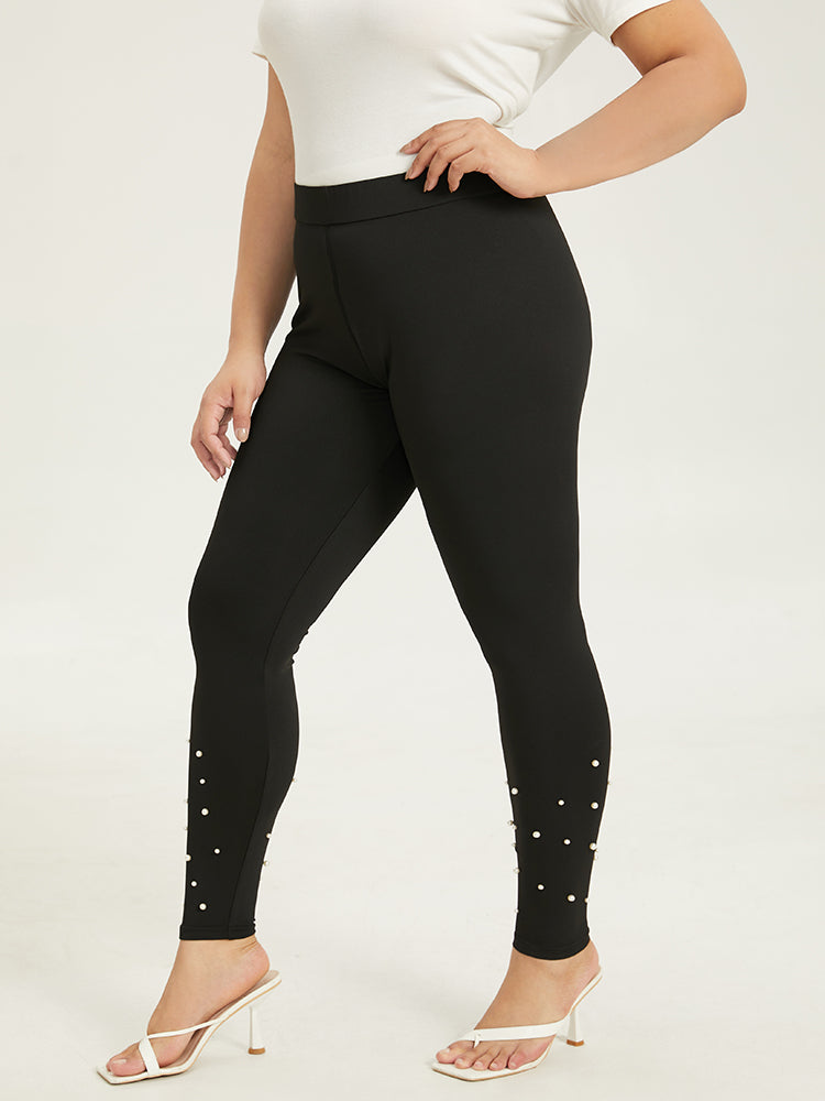 Skinny Elastic Waist Pearl Beaded Leggings