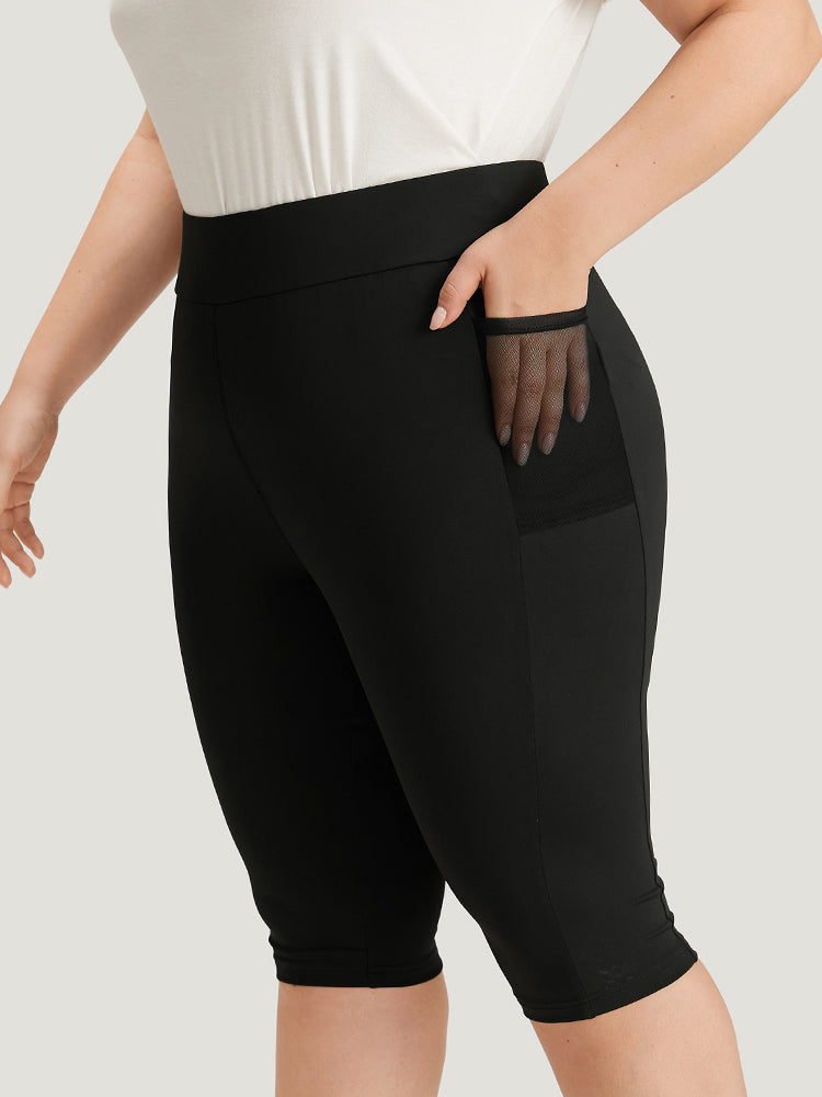 Skinny Wideband Waist Mesh Patchwork Pocket Leggings