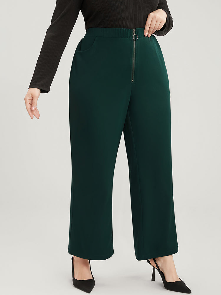 Solid O Ring Zipper Pocket Elastic Waist Wide Leg Pants