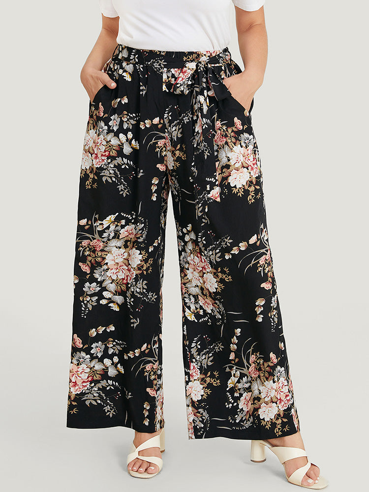 Floral Pocket High Rise Wide Leg Belt Pants