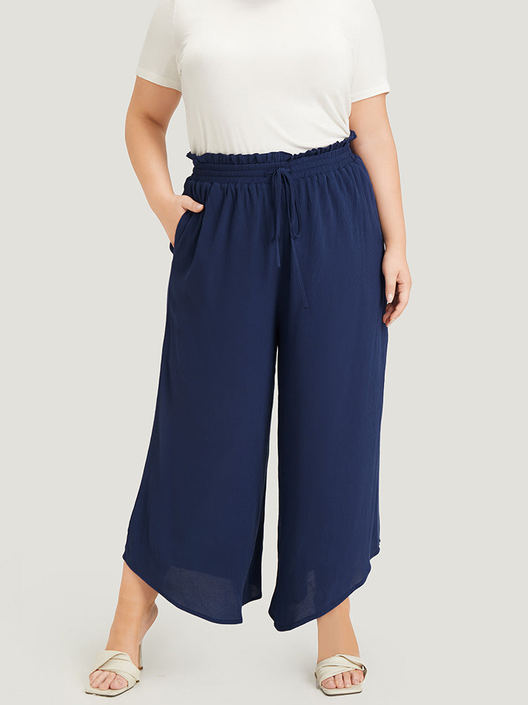 Solid Paperbag Waist Asymmetrical Hem Wide Leg Pants