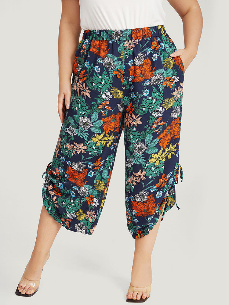 Floral Print Drawstring Elastic Waist Pocket Pants