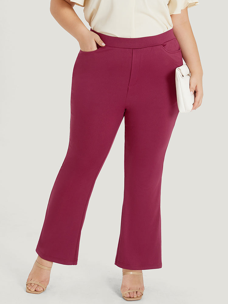 Plain Slant Pocket Elastic Waist High Rise Bootcut Pants